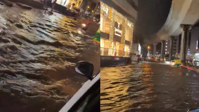 ನದಿ ಯಂತೆ ರೂಪುಗೊಂಡ ಬನ್ನೇರುಘಟ್ಟ ರಸ್ತೆ: ಧಾರಾಕಾರ ಮಳೆ ಬಳಿಕ ರಸ್ತೆ ಜಲಾವೃತ.