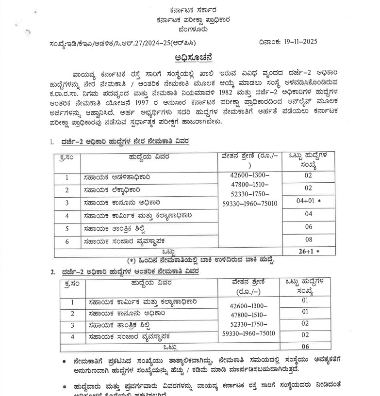 ವಾಯವ್ಯ ಸಾರಿಗೆ ನೇಮಕಾತಿ ಅಧಿಸೂಚನೆ; KEA ಅರ್ಜಿ ಆಹ್ವಾನ.