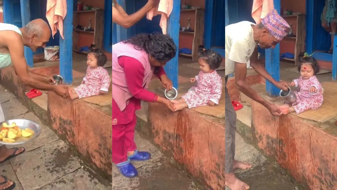  ಮನೆಯ ಪುಟ್ಟ ಲಕ್ಷ್ಮಿಯ ಪಾದ ತೊಳೆದು ಸಂಭ್ರಮಿಸಿದ ಮನೆ ಮಂದಿ