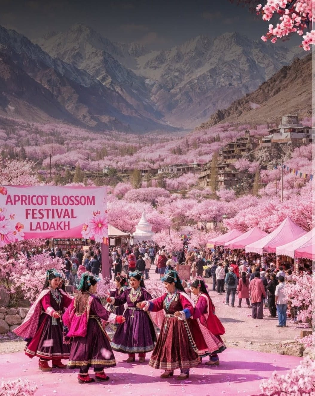 ಪರ್ವತಗಳ ಮಧ್ಯೆ ಗುಲಾಬಿ ಮತ್ತು ಬಿಳಿ ಬಣ್ಣದ ಆಪ್ರಿಕಾಟ್ ಹೂಗಳು.!