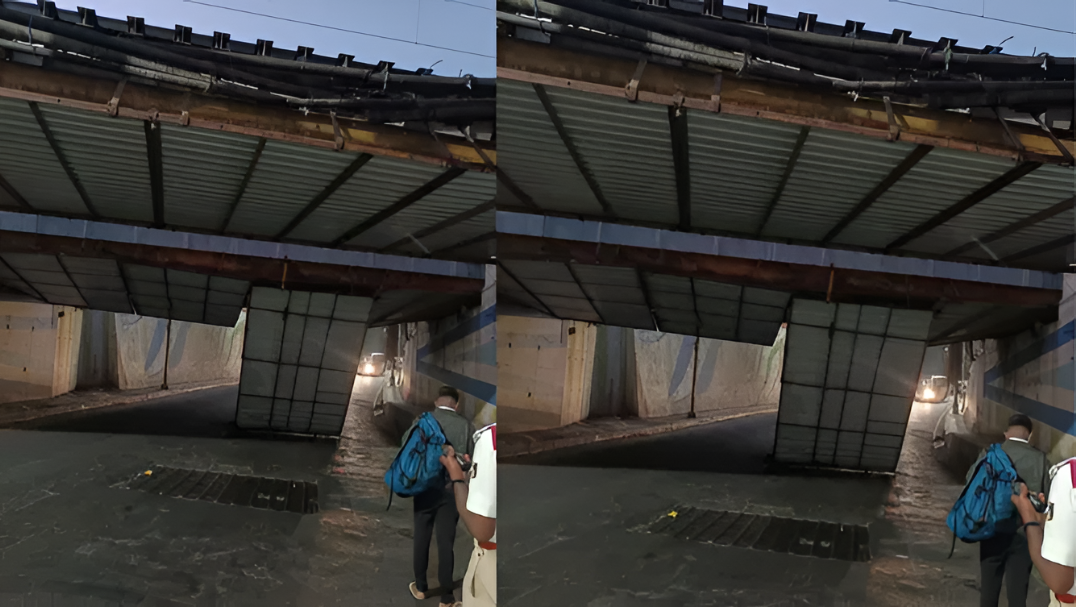 ರೈಲ್ವೆ ಅಂಡರ್‌ಪಾಸ್‌ನಲ್ಲಿ ಬೃಹತ್ ತಗಡು ಬಿದ್ದು ಆತಂಕ.