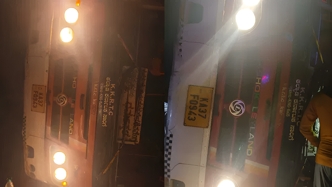 ವಿದ್ಯುತ್ ಕಂಬಕ್ಕೆ ಡಿಕ್ಕಿ ಹೊಡೆದು KSRTC ಬಸ್ ಪಲ್ಟಿ!